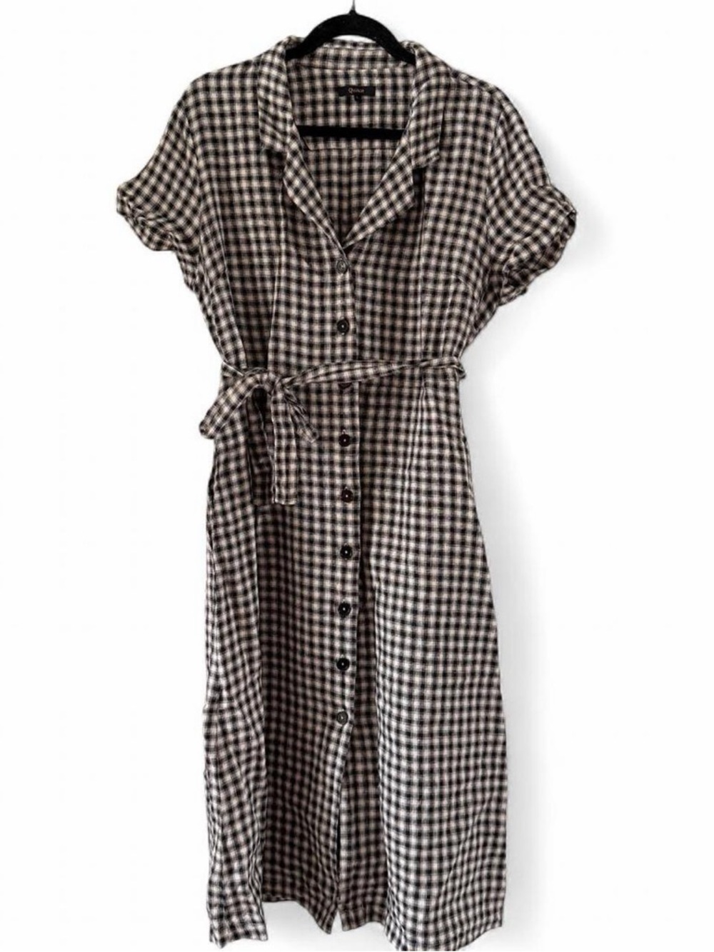 Quince Black & White Checked Button-Front Midi Dress with Waist Tie-Size L